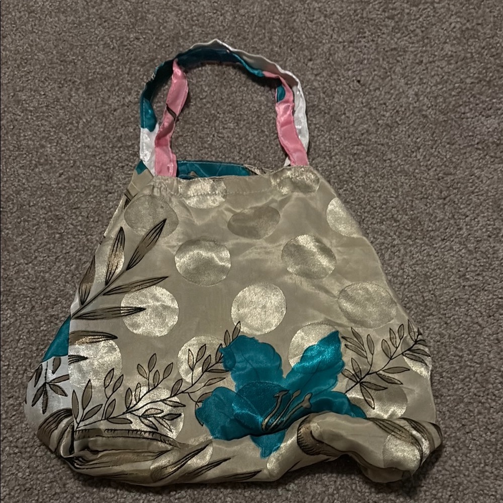 Floral Patterned Women's Bag - Teal and Cream